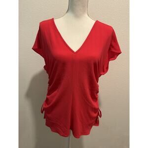 Michael Kors Womens Solid Ruched V-Neck Top Deep Pink Short Sleeve Size Medium